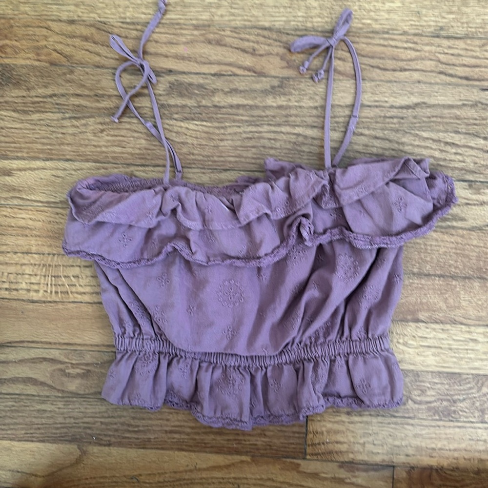 American Eagle Women’s Eyelet Ruffled Tie-Strap Crop Top Purple
